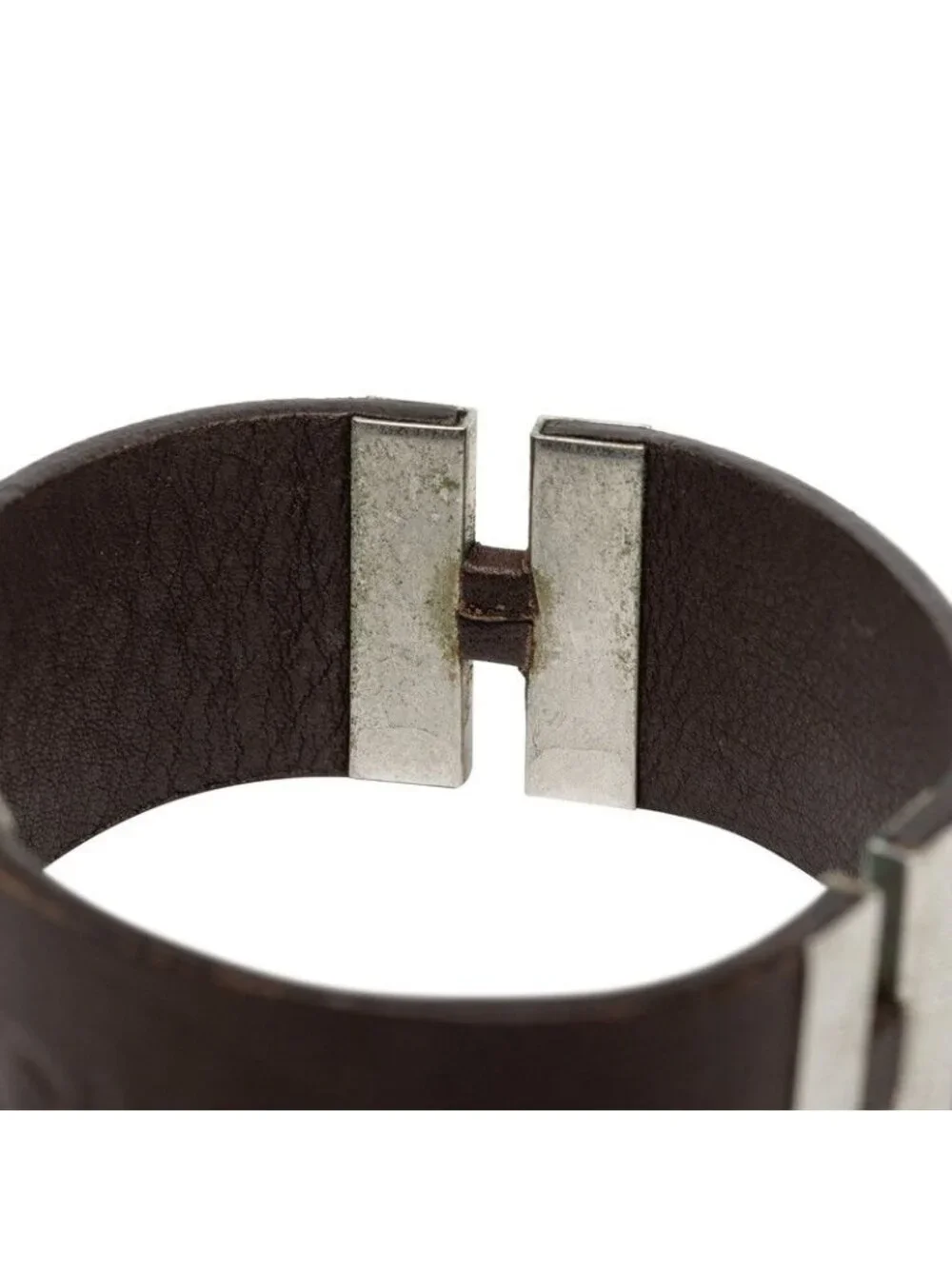 Chanel Logo Bracelet 00c Brown Silver Leather Metal